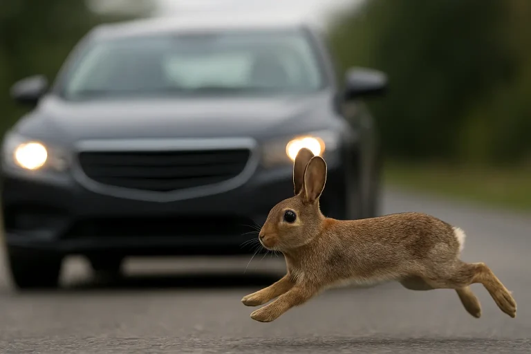 rabbit running in front of a car rabbit running in front of a car