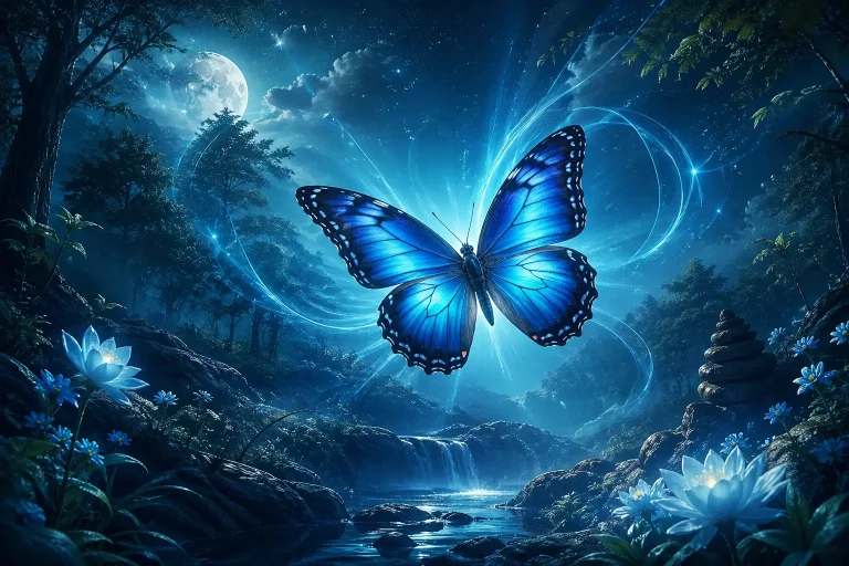 Blue butterfly glowing with spiritual light representing transformation and divine guidance
