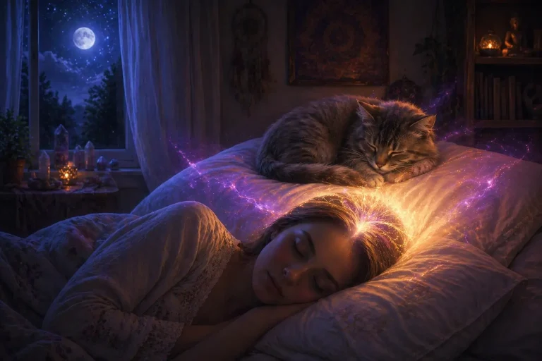 A cat sleeping peacefully above a person's head on a pillow at night with soft glowing light