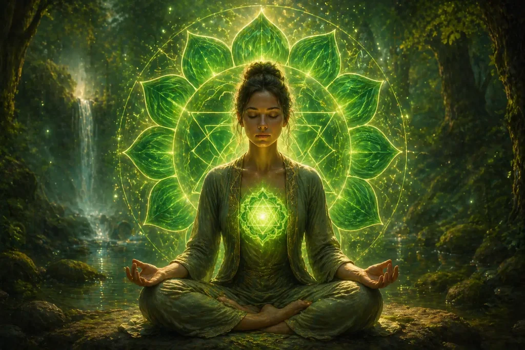 Green heart chakra glowing in meditation