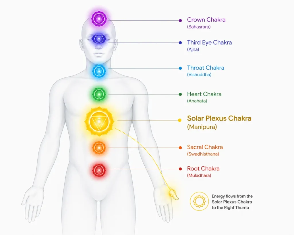 solar plexus chakra connected to right thumb spiritual meaning diagram