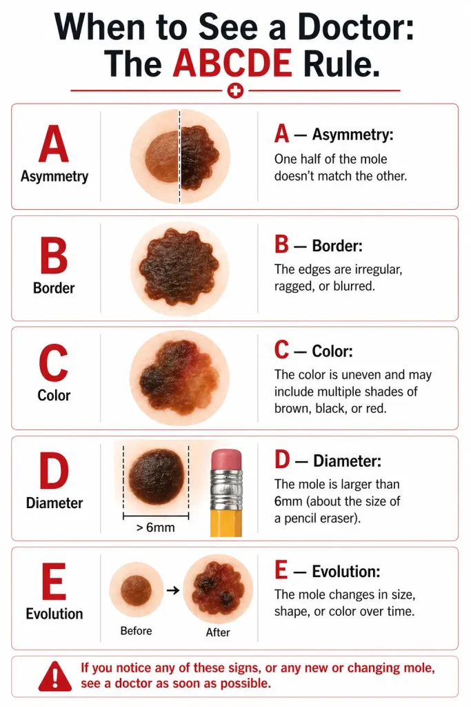 Medical infographic illustrating the ABCDE rule for identifying dangerous moles — Asymmetry, Border, Color, Diameter, and Evolution — with visual examples of each