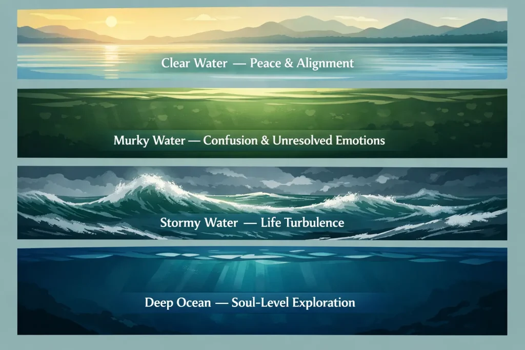 Fishing dream water meanings infographic showing clear, murky, stormy, and deep ocean water with spiritual interpretations