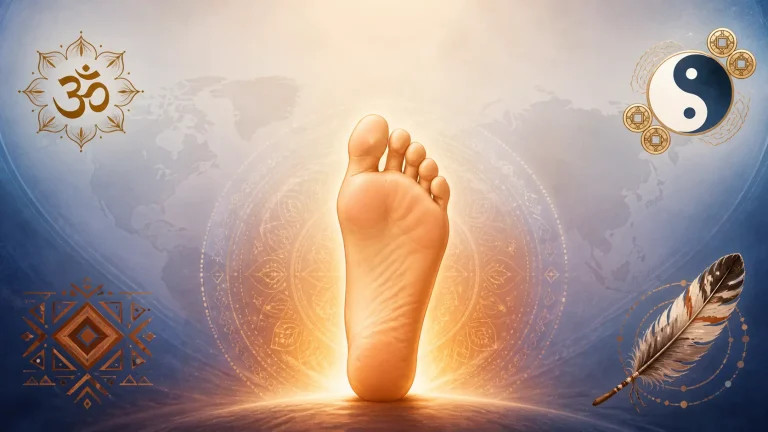 Spiritual and cultural meanings of left foot itching shown through symbolic imagery of a foot, world cultures, and energy connections
