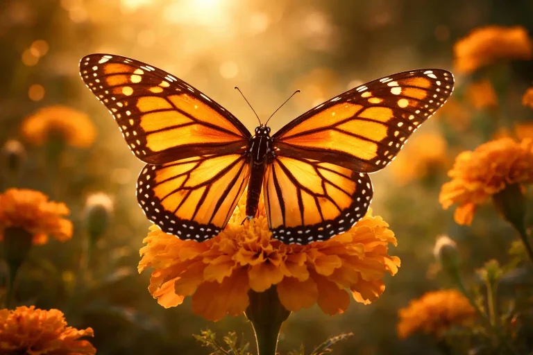 Orange Monarch butterfly resting on a flower in golden sunlight, symbolizing spiritual transformation"