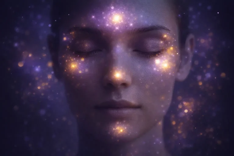 A serene human face with soft glowing energy points highlighted on forehead, nose, cheeks, and chin representing spiritual energy centers
